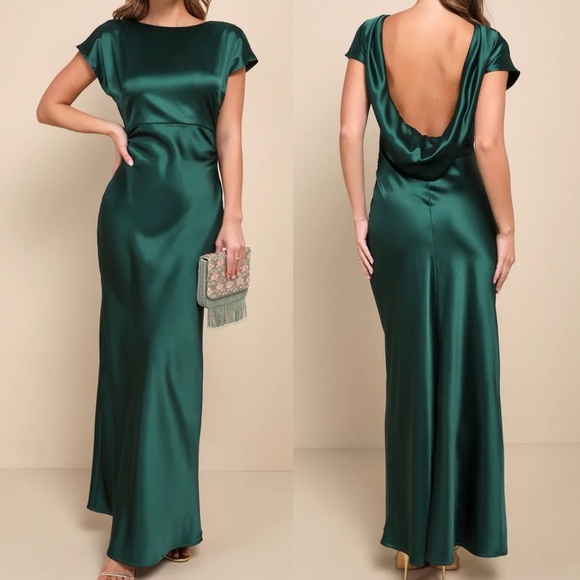 Captivating Presence Forest Green Satin Cowl Back Maxi Dress - Picture 1 of 2